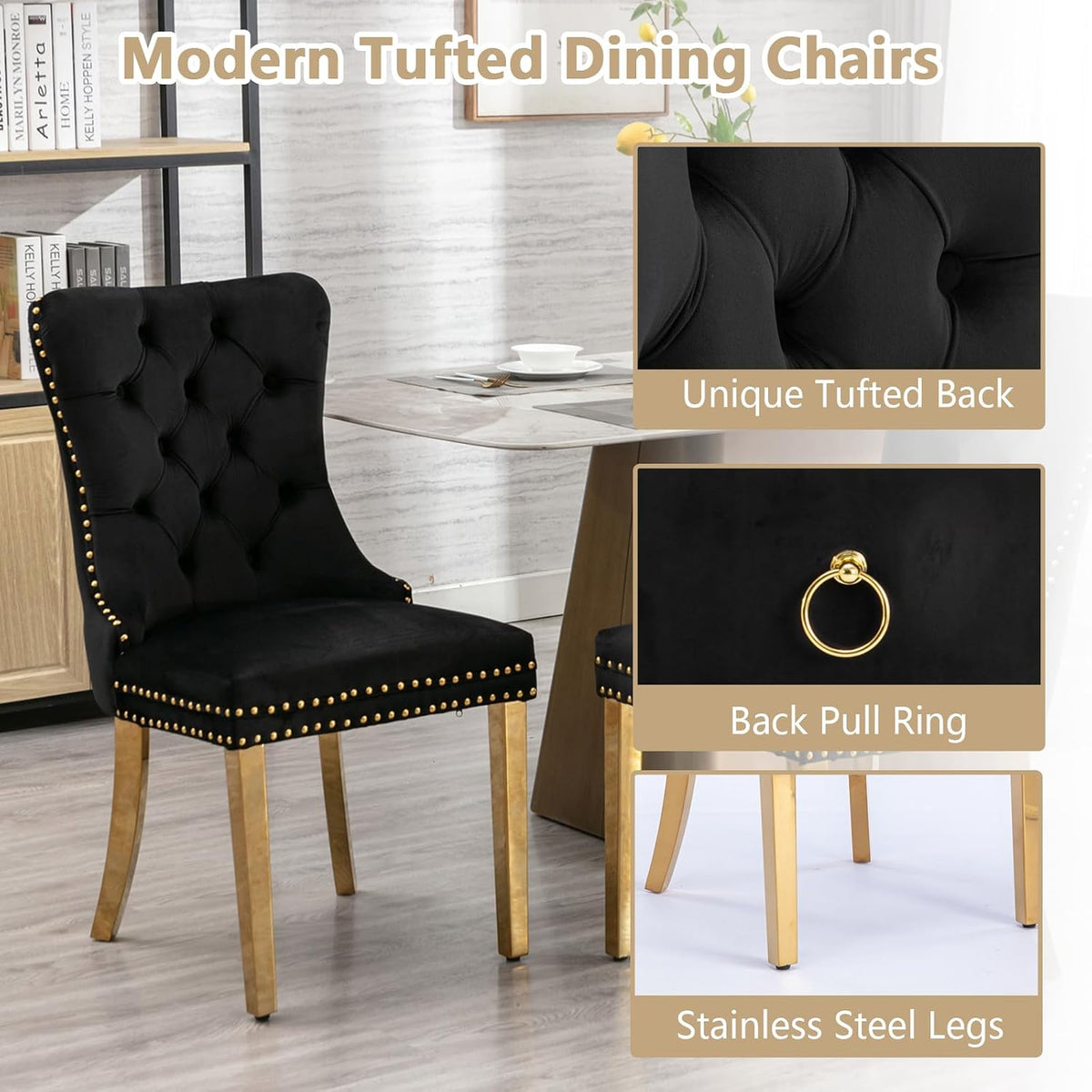 5 Piece Dining Table Set Rectanglar Glass Dining Set for 4 Modern Small Kitchen Table Set with 4 Upholstered Chairs for Apartment Dining Kitchen Room (Gold Table & Black Chair)
