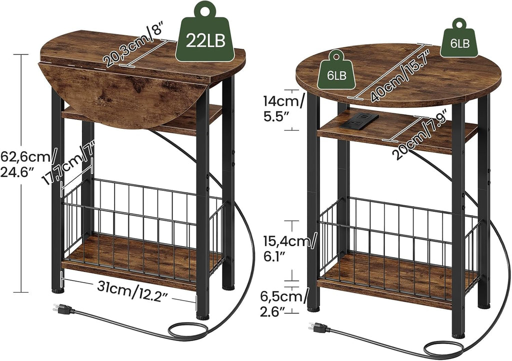 Folding Side Table with Charging Station, 3-Tier Narrow End Couch Table with Folding Top, Storage Basket, Round Side Table for Small Spaces, for Sofa Living Room, Bedroom, Rustic Brown TBZ10UBF
