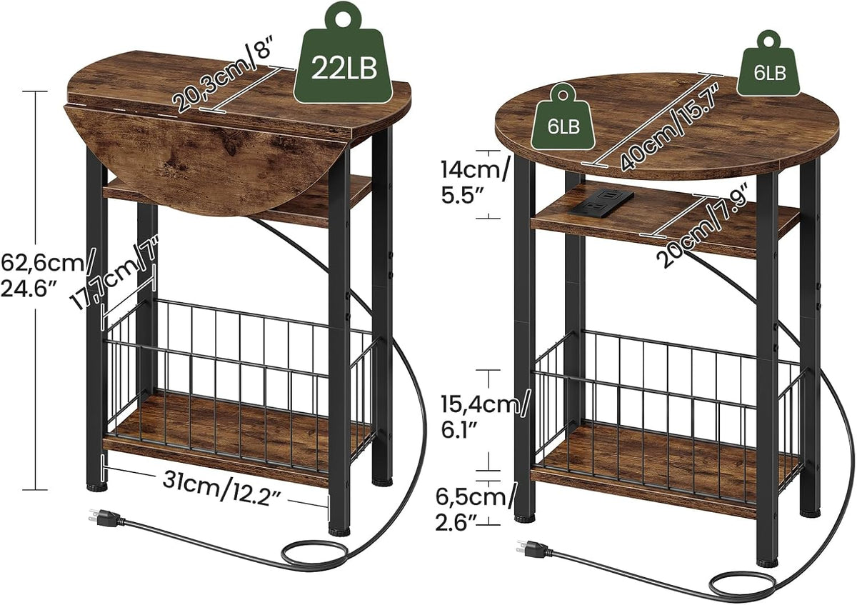 Folding Side Table with Charging Station, 3-Tier Narrow End Couch Table with Folding Top, Storage Basket, Round Side Table for Small Spaces, for Sofa Living Room, Bedroom, Rustic Brown TBZ10UBF