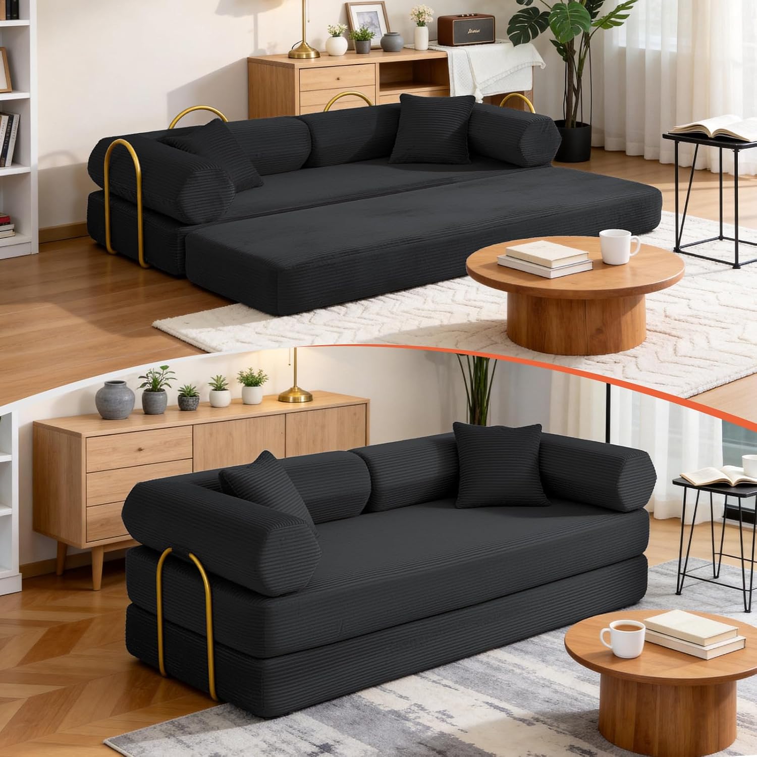 79" Corduroy Sofa Bed, Couch in a Box with 2 Pillows, High-Density Foam 4-in-1 Foldable Sleeper Futon Loveseat for Small Spaces, No Assembly, Side Pockets, Hex Arm Black