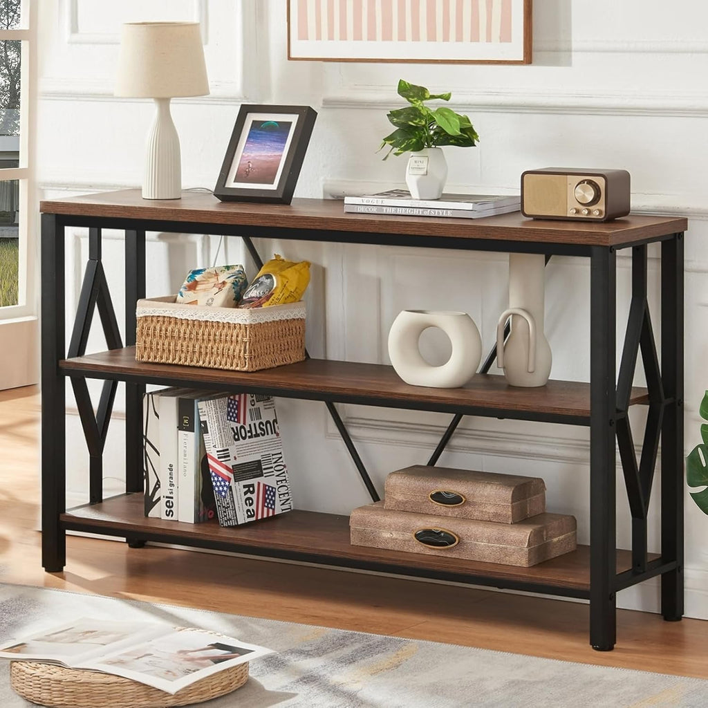 HOMISSUE Sofa Console Table, Rustic Console Table with 3-Tier Storage, Engineered Wood Sofa Tables with Open Shelves, Heavy Duty Entryway Tables for Living Room, Hallway (47 Inch, Rustic Brown)