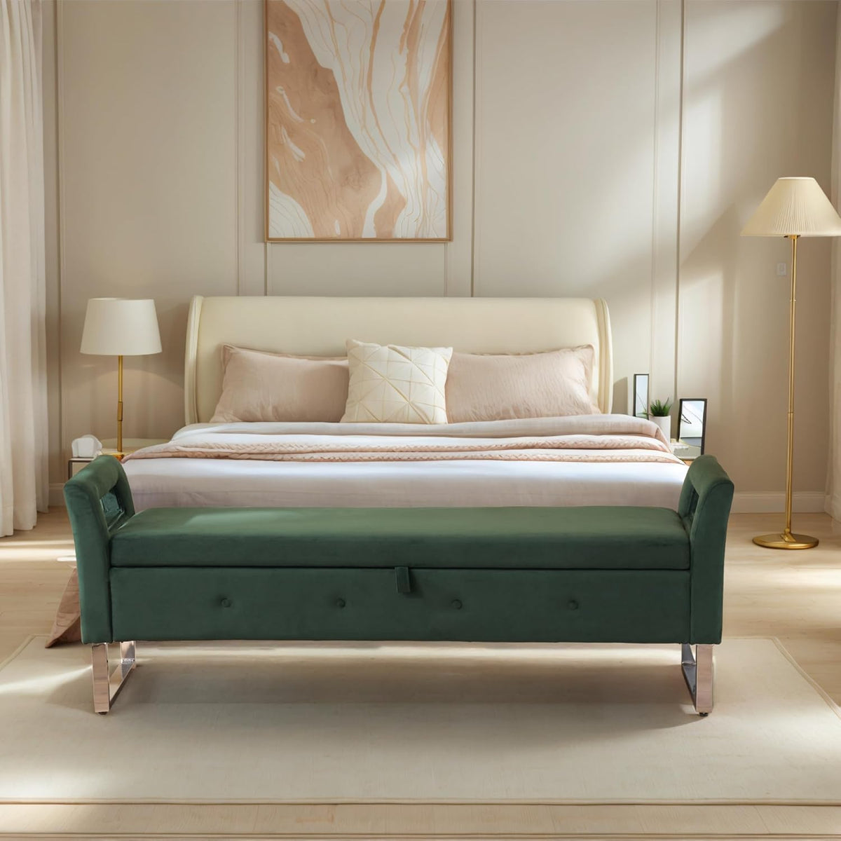 Aoiy & Wifon 67.91" W King Size Bench for End of Bed, Upholstered End of Bed Storage Bench with Metal Legs for Bedroom, Velvet (Green)