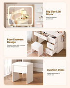 LIVELYGLOW White Makeup Vanity Desk with Charging Station & 4 Drawers | Smart LED Mirror, Cushioned-Stool, Hairdryer Rack