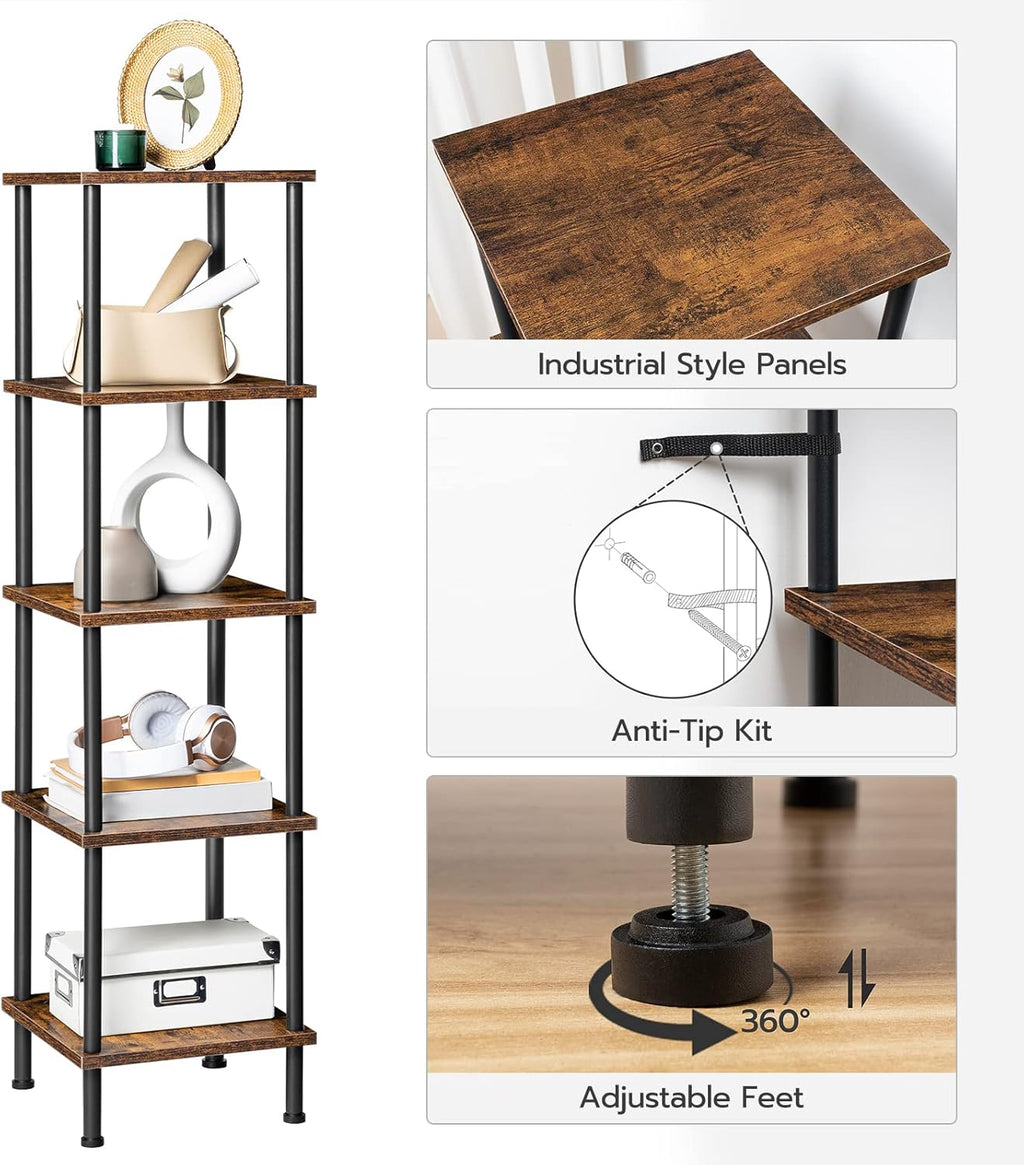 HOOBRO 5-Tier Corner Shelf Stand, Corner Square Rack Display Shelf, Tall Storage Plant Stand, Bookcase for Small Spaces, Living Room, Home Office, Kitchen, Rustic Brown and Black BF50CJ01