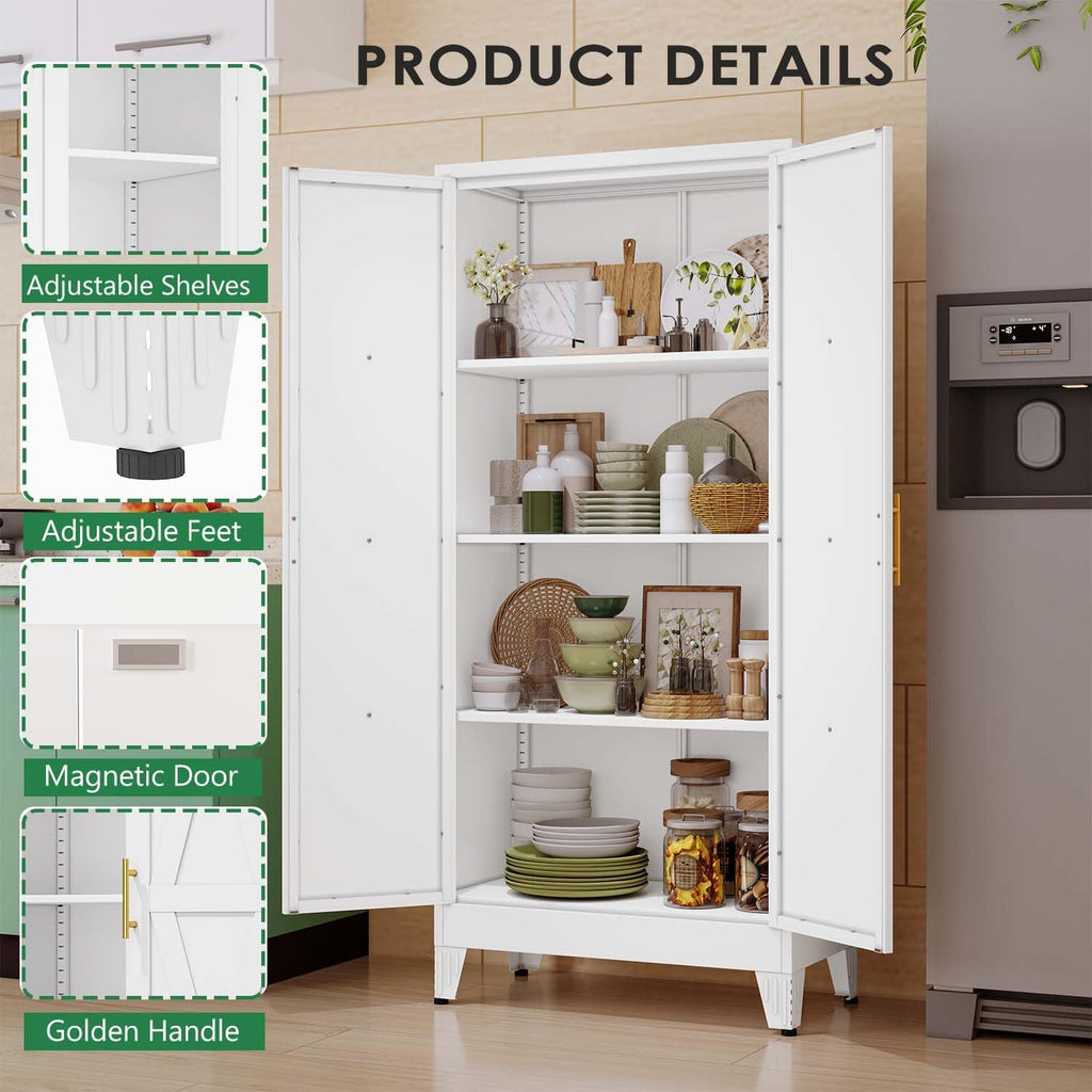 61" Kitchen Pantry Cabinet, Metal Storage Cabinet with 2 Doors and 3 Adjustable Shelves, White Food Pantry Cupboard for Kitchen, Dining Room, Living Room and Bathroom (White)