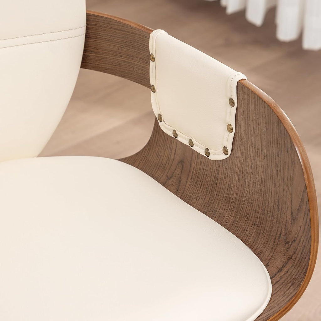 Dining Chairs Set of 6, 360° Swivel Faux Leather Dining Room & Kitchen Chairs with Arms, Ergonomic Curved Back, 19.7" Seat Height, Bentwood Solid Wood Frame, Walnut Finish, Mid-Century Modern, Beige