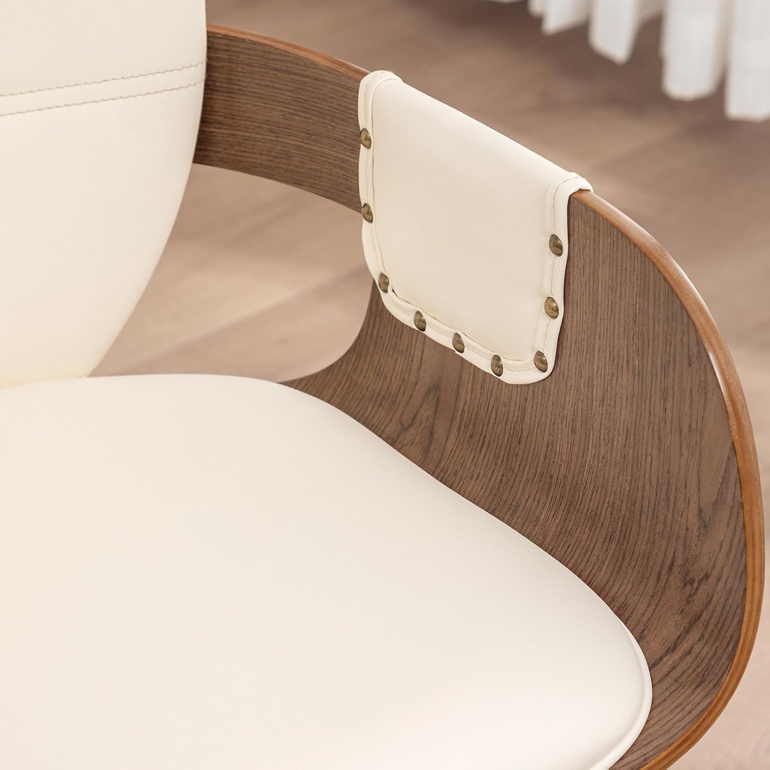 Dining Chairs Set of 6, 360° Swivel Faux Leather Dining Room & Kitchen Chairs with Arms, Ergonomic Curved Back, 19.7" Seat Height, Bentwood Solid Wood Frame, Walnut Finish, Mid-Century Modern, Beige