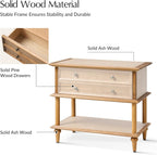 HULALA HOME Farmhouse Nightstand Set of 2 with Drawer & Open Shelf, Natural Wood End Table with Solid Wood Legs, 28.4'' Wide Sofa Side Table with Charging Station(Oak)
