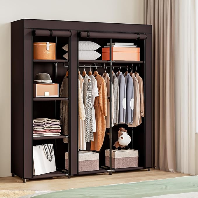SORCEDAS Portable Wardrobe Closet Storage Organizer Metal Hanging Rack Non-Woven Fabric (Coffee, 51 Inch)