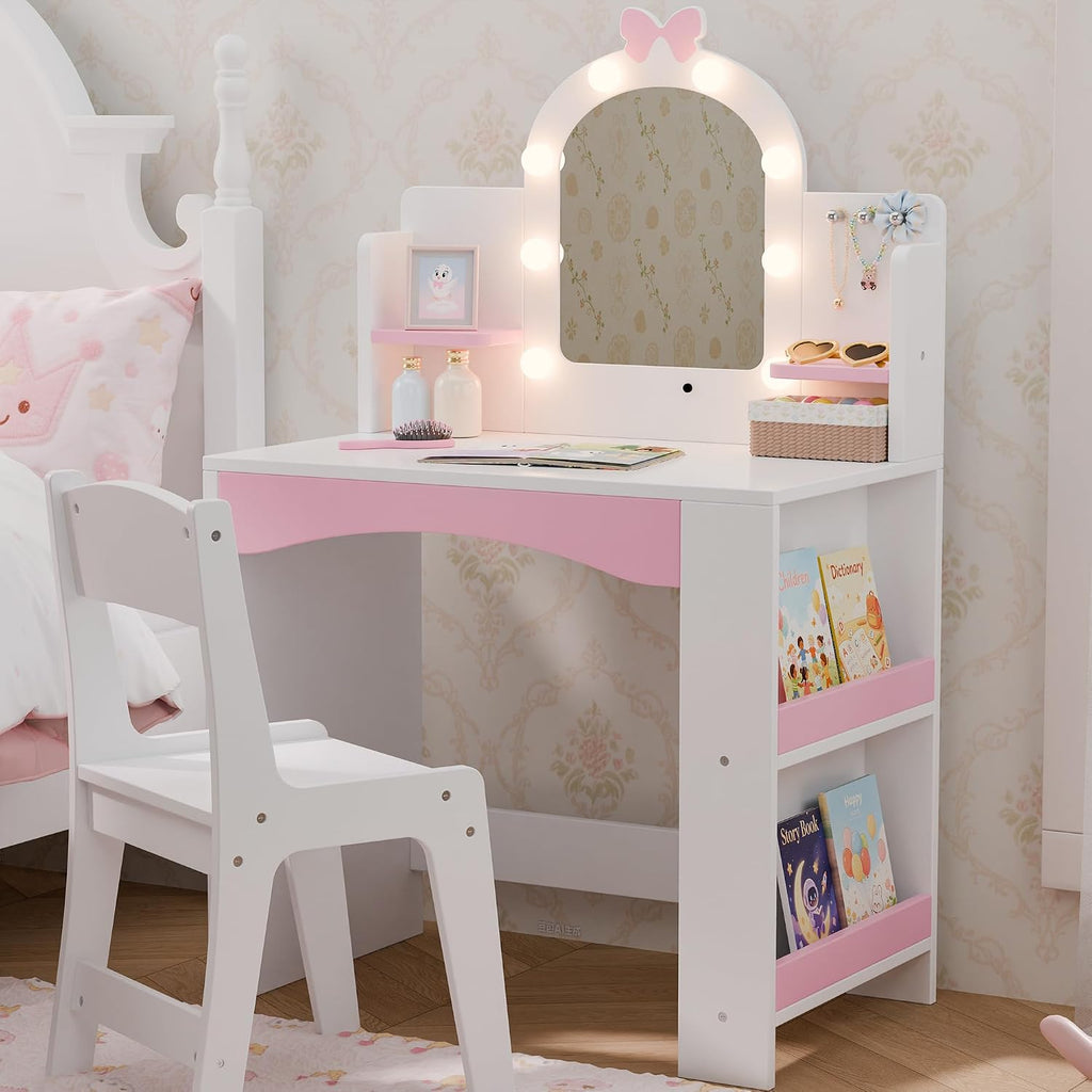 Girls Vanity with Lights, Kids Vanity Table and Chair Set for Princess, Toddler Makeup Vanity Desk with Open Bookshelf, Storage Cabinet & Side Shelves, Stools, White