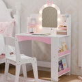 Girls Vanity with Lights, Kids Vanity Table and Chair Set for Princess, Toddler Makeup Vanity Desk with Open Bookshelf, Storage Cabinet & Side Shelves, Stools, White