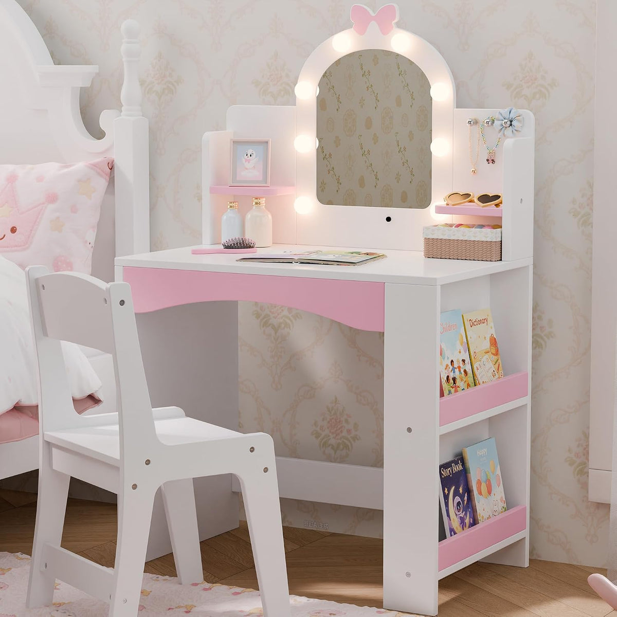 Girls Vanity with Lights, Kids Vanity Table and Chair Set for Princess, Toddler Makeup Vanity Desk with Open Bookshelf, Storage Cabinet & Side Shelves, Stools, White