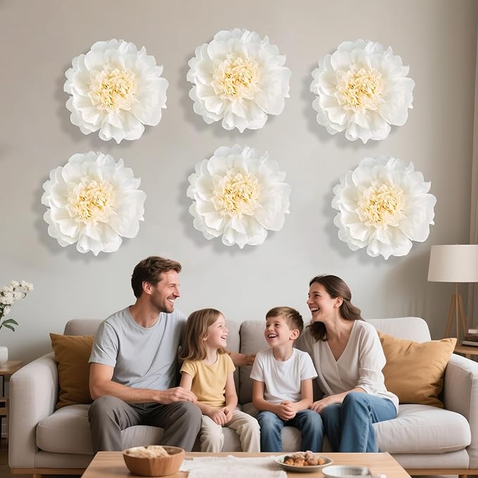 SUNBEAUTY 6 Pcs White Giant Paper Flowers Decorations 12" Large Tissue Artificial Crepe Paper Flowers for Party Wedding Wall Table Birthday Baby Shower Bridal Nursery Room Tea Party Backdrop Decor