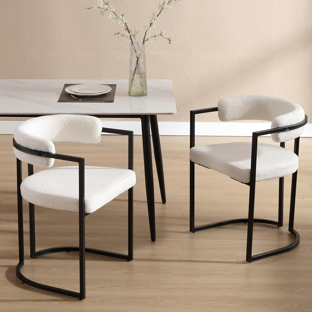 Barrel Dining Chairs Set of 2, White Boucle | Soft Boucle Upholstered Modern Dining Chairs, Ergonomic Curved Backrest, Black Metal Frame, Armchair, Kitchen Living Room