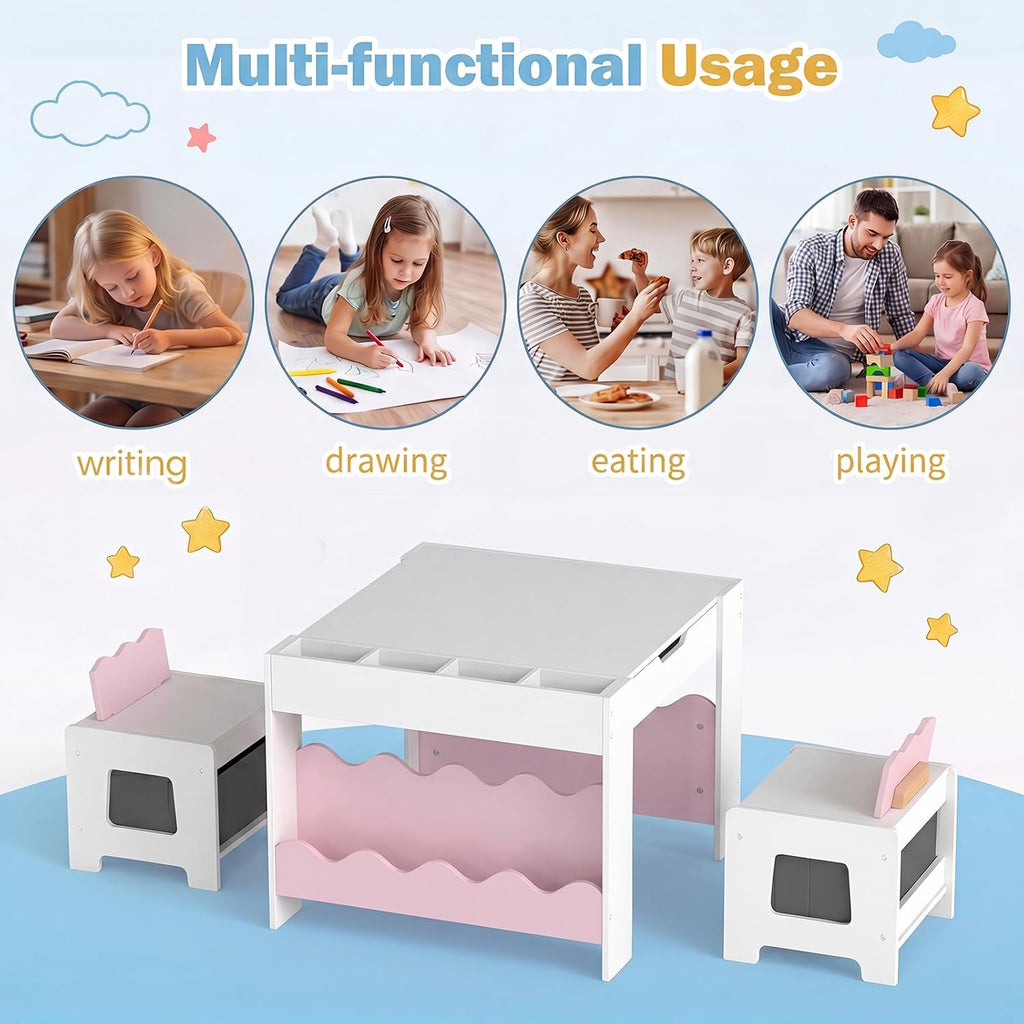 HONEY JOY Wooden Kids Table and Chair Set w/Double-Sided Tabletop | Toddler Activity Table and Chairs w/ Chalkboard, Bookshelves, Small Compartments and Fabric Drawers for Art & Crafts