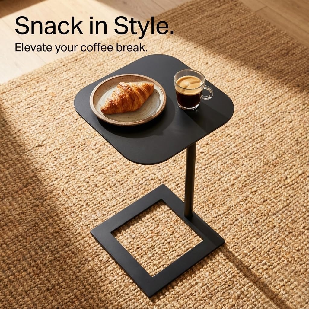 Stable C Table End Table, 23.4" Tall C Shaped Side Table that Slides Under Sofa, Slim Under Couch Table, Modern Industrial Coffee Tray Table for Living Room Bedroom (Medium, Black)