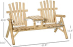 Adirondack Loveseat Chair, 2-Seat Wooden Patio Bench with Built-in Table, Outdoor Fire Pit Chair for Porch, Backyard, Deck, Garden Seating, Natural