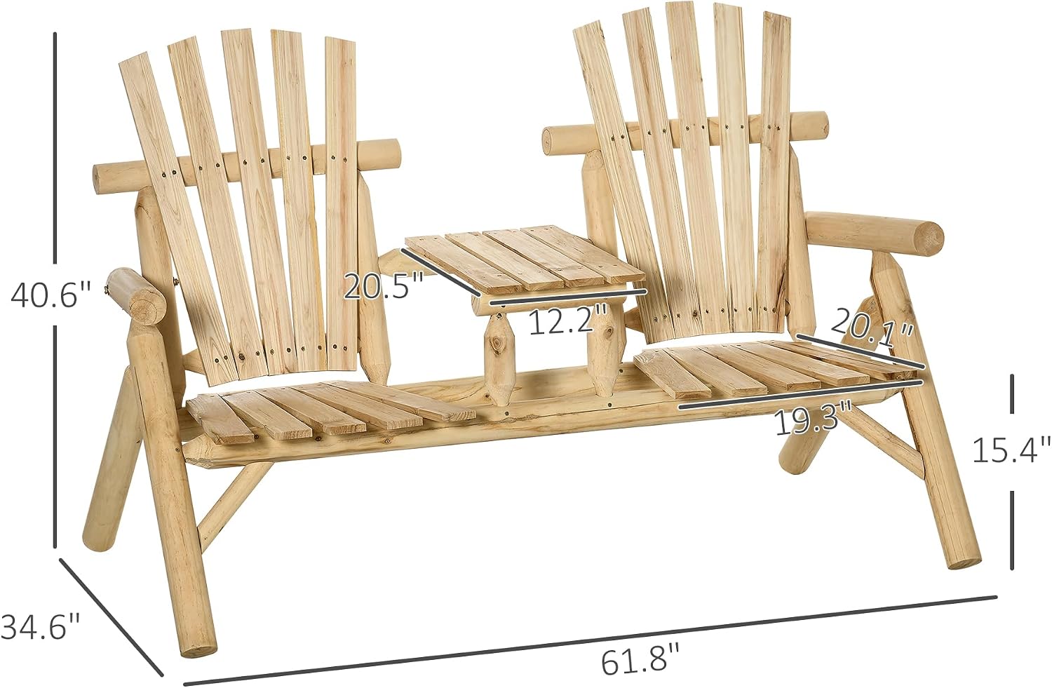 Adirondack Loveseat Chair, 2-Seat Wooden Patio Bench with Built-in Table, Outdoor Fire Pit Chair for Porch, Backyard, Deck, Garden Seating, Natural