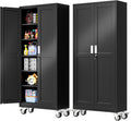PAOFIN 75''H Metal Garage Storage Cabinet with Wheels,Steel File Cabinets with 2 Doors and 5 Adjustable Shelves for Home Office, Warehouse, Required Assembly,Black