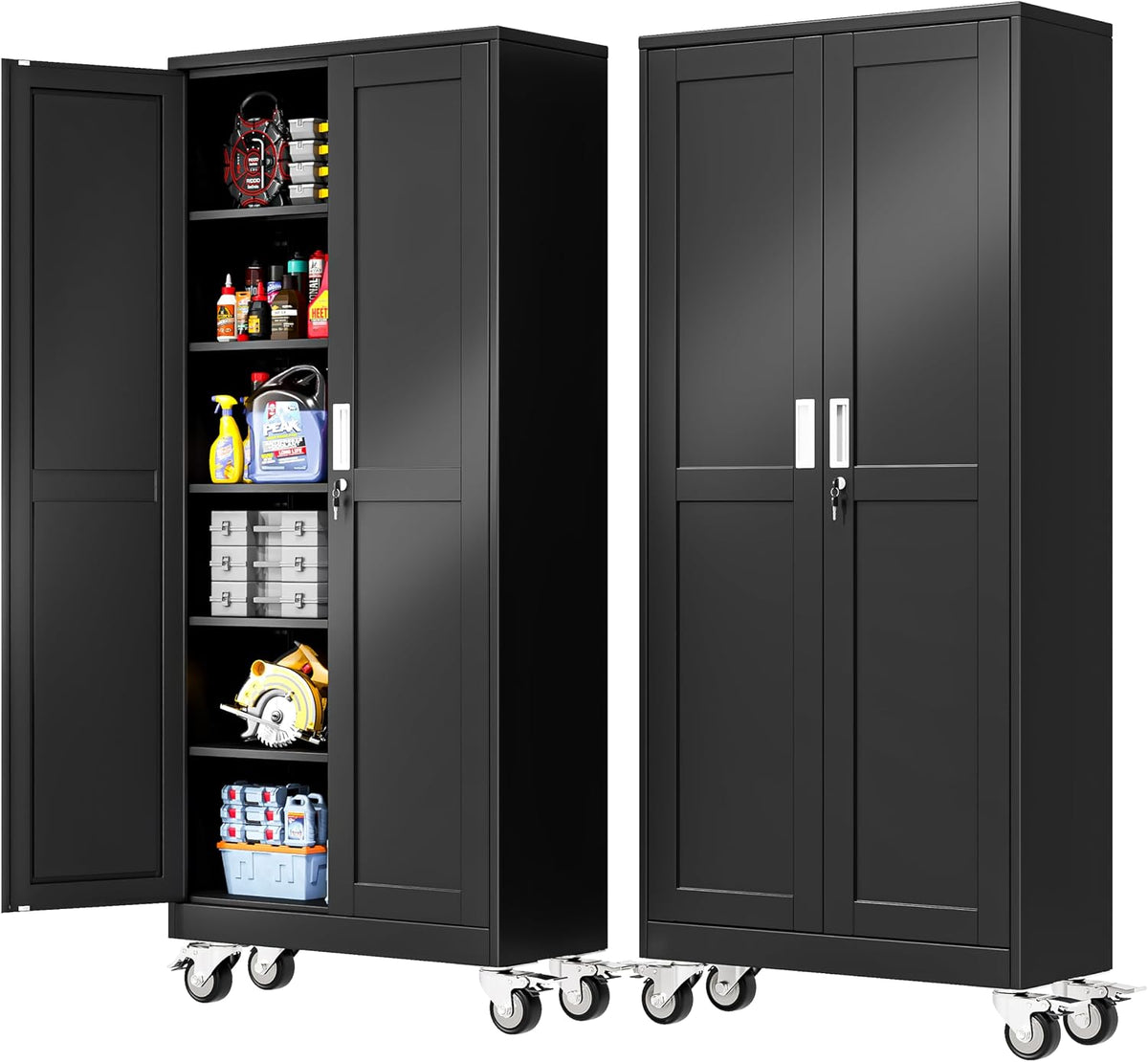 PAOFIN 75''H Metal Garage Storage Cabinet with Wheels,Steel File Cabinets with 2 Doors and 5 Adjustable Shelves for Home Office, Warehouse, Required Assembly,Black