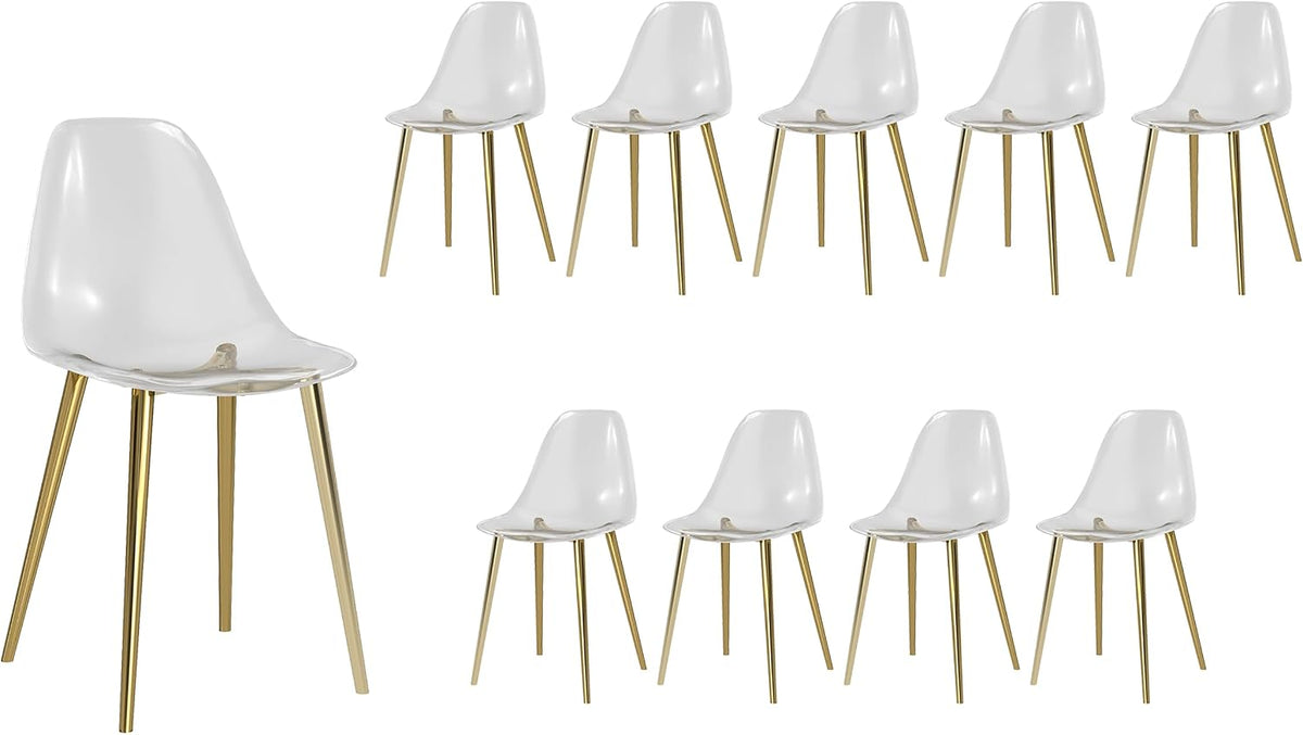 Baysitone Clear Dining Chairs Set of 10, Modern Kitchen Chairs with Transparent Seat, Acrylic Accent Side Chairs with Plating Metal Legs for Dining Room, Kitchen, Living Room with Gold