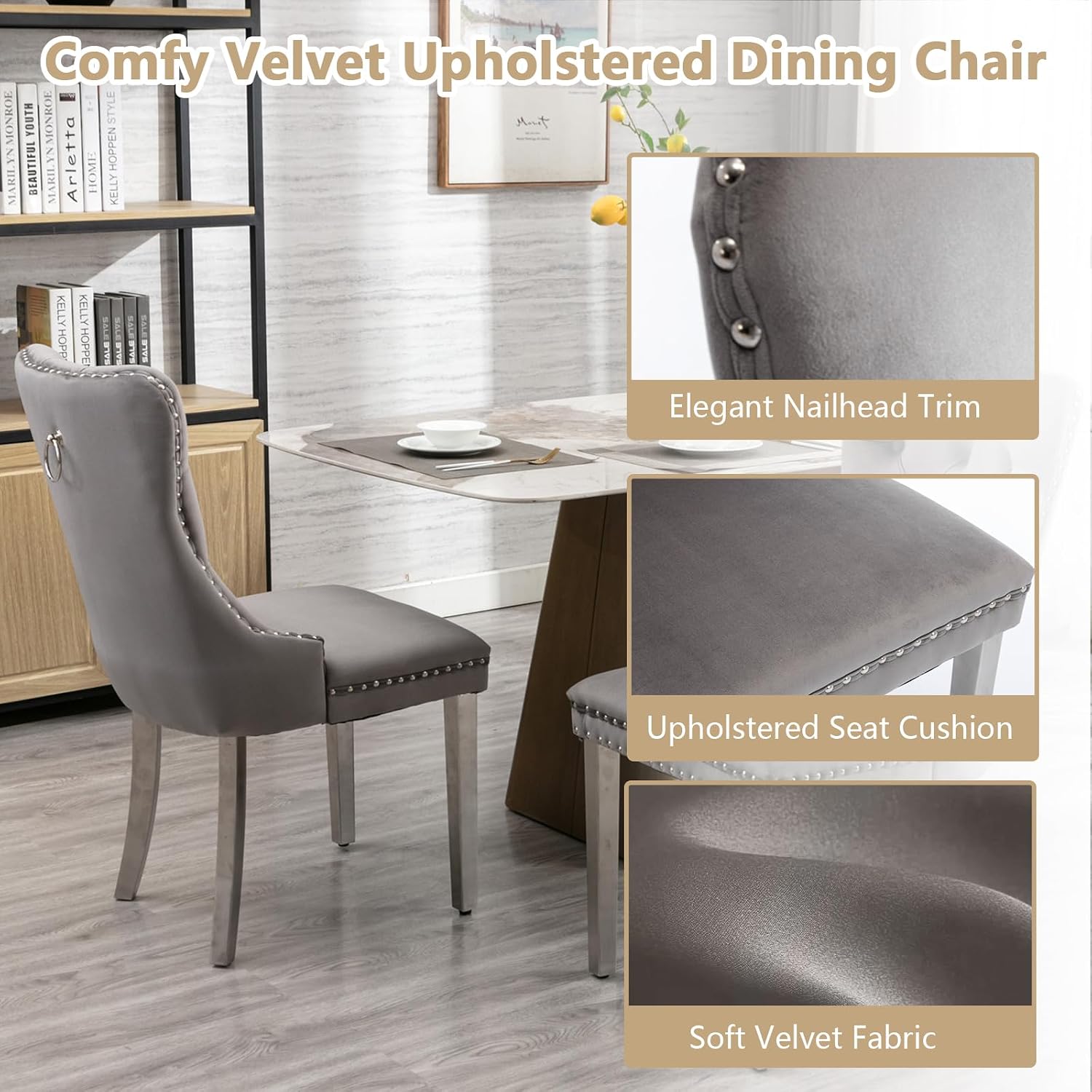 5 Piece Glass Dining Table Set Modern Small Glass Dining Table Set for 4, 35.43" Square Kitchen Table and 4 Velvet Upholstered Chairs for Kitchen Dining Room, Silver & Grey