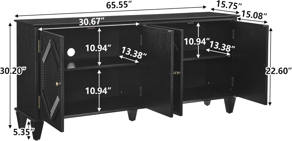 KEIKI 65.2" Mid Century Modern Sideboard Buffet Cabinet with Storage, Walnut Credenza Console Table with Adjustable Shelf, Farmhouse Coffee Bar Wine Cabinet for Living Room, Entryway, Kitchen, Black
