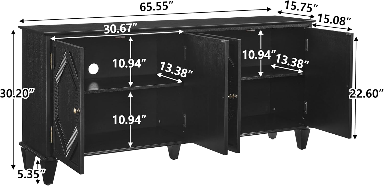 KEIKI 65.2" Mid Century Modern Sideboard Buffet Cabinet with Storage, Walnut Credenza Console Table with Adjustable Shelf, Farmhouse Coffee Bar Wine Cabinet for Living Room, Entryway, Kitchen, Black