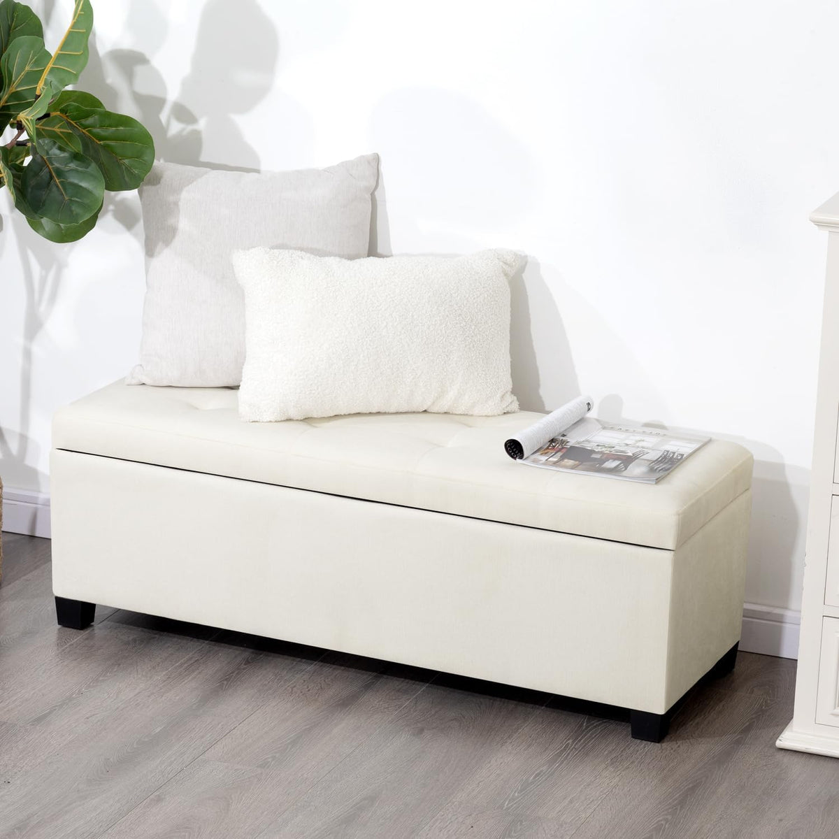 Asense 42" Storage Ottoman Bench, Large Linen Upholstered Rectangular Footstool with Safety Hinges, End of Bed Bench for Bedroom, Entryway Bench with Storage, Window Seat, Beige