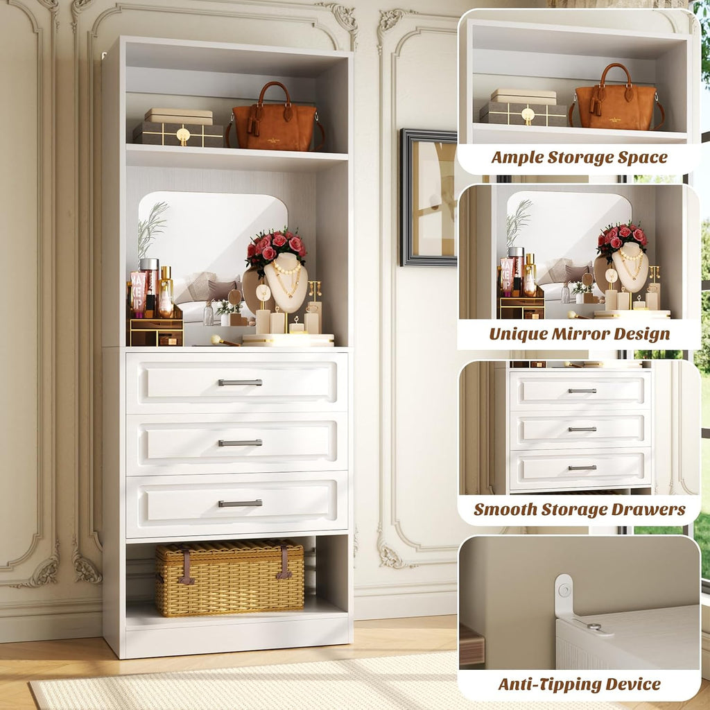 Unikito 25" Closet System with 3 Drawers and Mirror, Wardrobe, White | Freestanding storage shelves organizer, sturdy wood walk-in closet systems for small closets, 25" W x 16" D x 80" H.