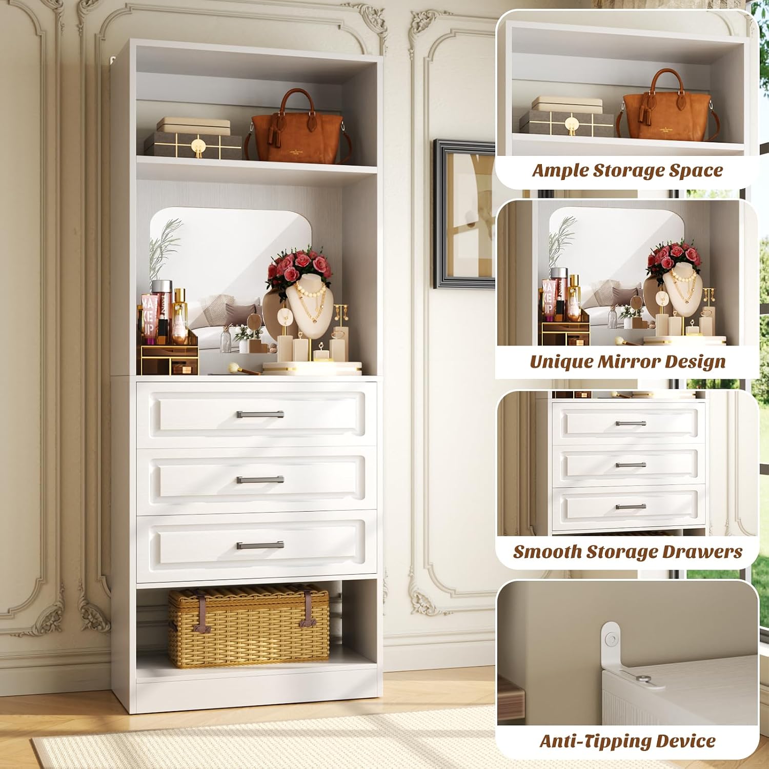 Unikito 25" Closet System with 3 Drawers and Mirror, Wardrobe, White | Freestanding storage shelves organizer, sturdy wood walk-in closet systems for small closets, 25" W x 16" D x 80" H.