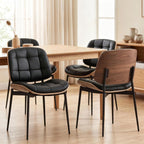 GrandNoor Mid Century Modern Dining Chairs with Walnut Grain Back, Black Faux Leather Dining Room Chairs Set of 4, Checkered Soft Cushion Kitchen Chairs with Adjustable Foot Pads