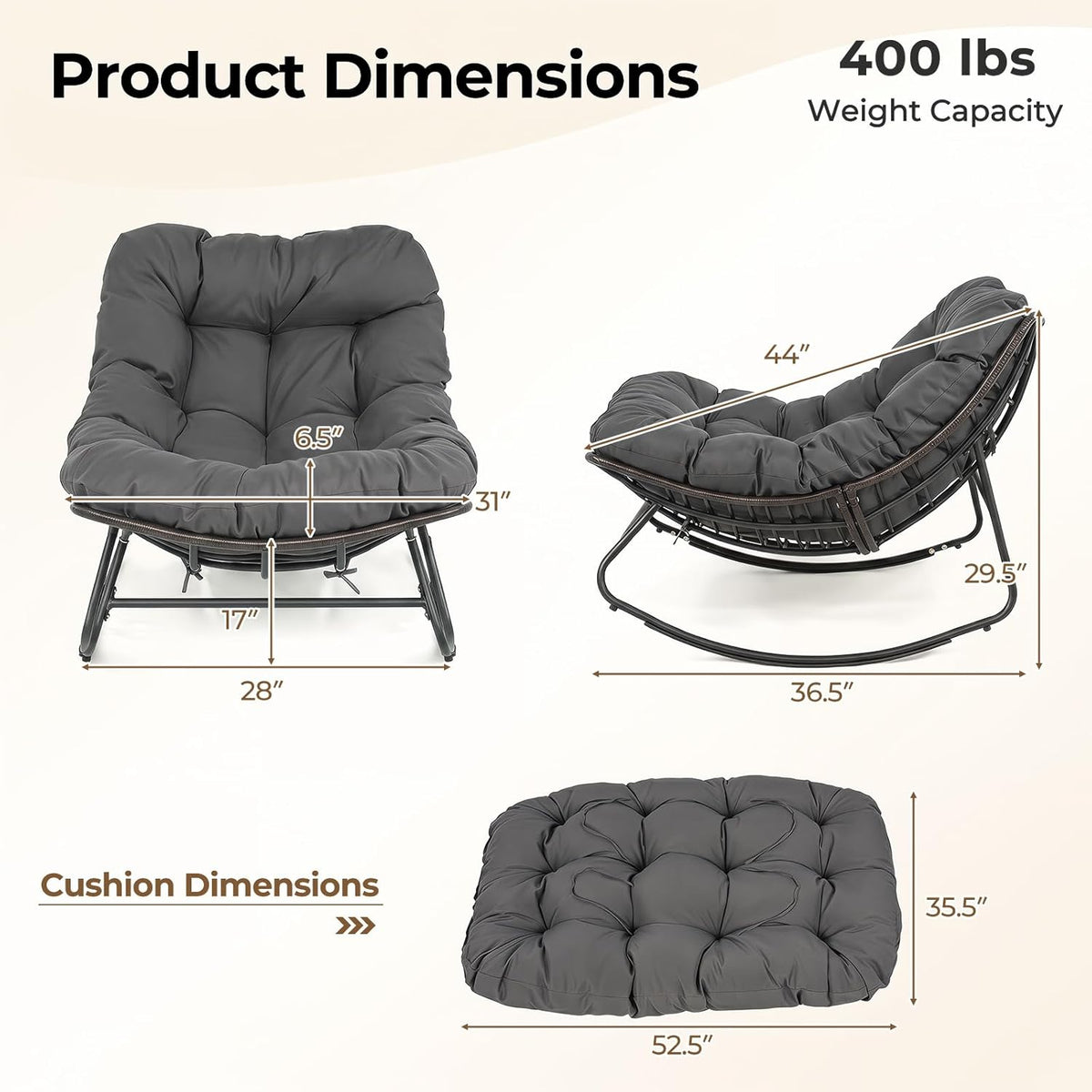 Tangkula Outdoor Papasan Rocking Chair, Oversized Egg-Shaped Rocker with Thick Cushioned Seat, Heavy Duty Metal & Weather-Resistant Wicker Frame, Non-Slip Pads for Patio, Balcony, Garden (Gray)