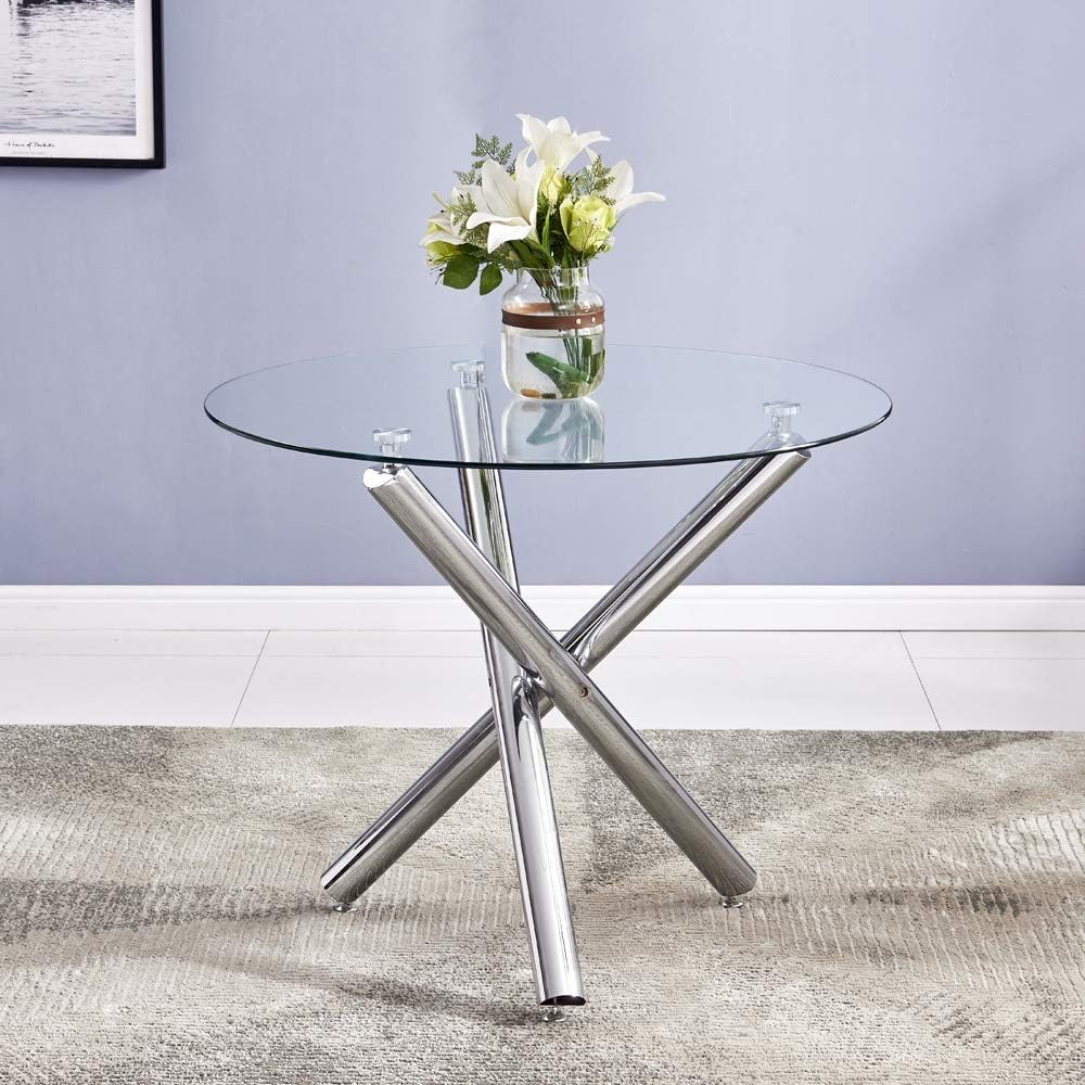 Modern Round Dining Table for 2 4 People, 36 in Glass Kitchen Dining Room Table with Silver Metal X-Shaped Legs, Space Saving Circle Dinner Tables for Dining Room, Kitchen, Living Room