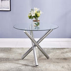 Modern Round Dining Table for 2 4 People, 36 in Glass Kitchen Dining Room Table with Silver Metal X-Shaped Legs, Space Saving Circle Dinner Tables for Dining Room, Kitchen, Living Room