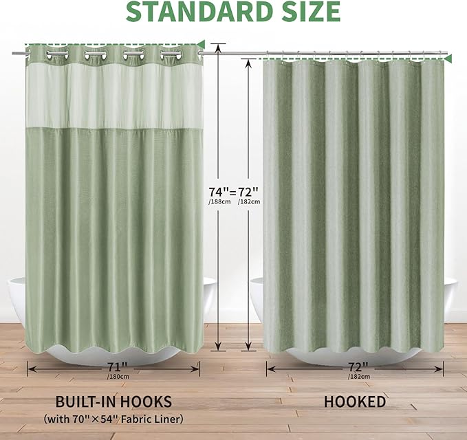 No Hook Waffle Weave Shower Curtain with Snap-in Fabric Liner Set,Sage Green Shower Curtains for Bathroom with See Through Top Window,Water Repellent & Washable,71Wx74H