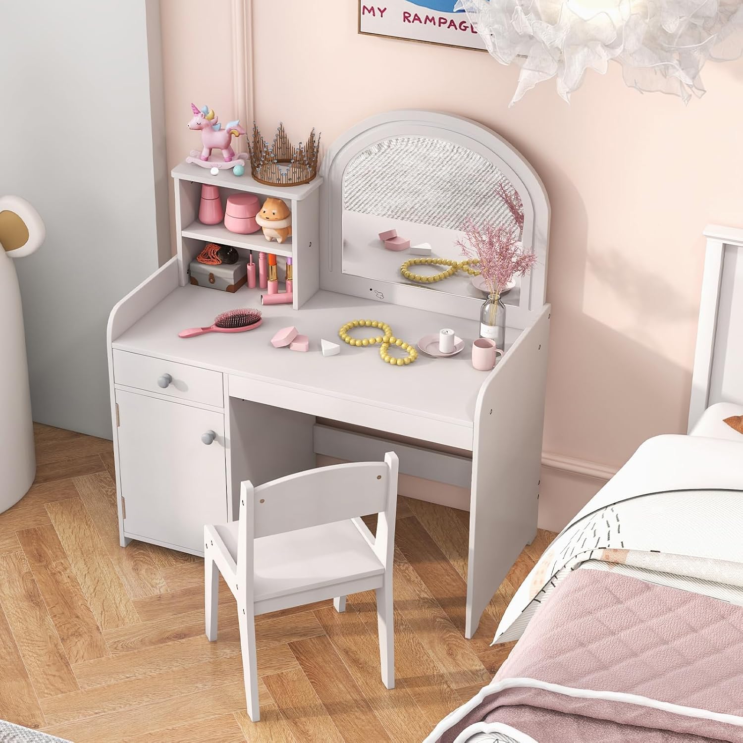 GLACER Kids Vanity, 2-in-1 Wooden Makeup Desk with LED Lighted Mirror, Drawer & Cabinet, Storage Shelves, Princess Dressing Table, Kids Vanity Table and Chair Set for Little Girls Ages 3+ (White)