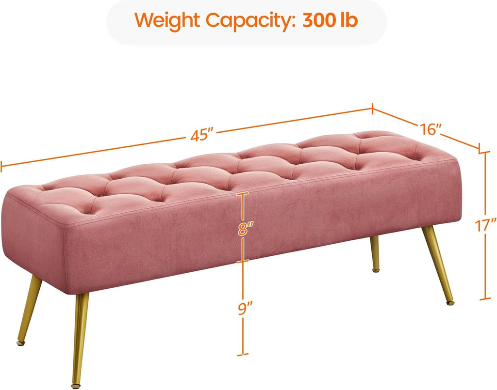 Topeakmart Dining Bench, Button-Tufted Upholstered Bench with Gold Metal Base for Kitchen, Living Room, Entryway - Pink
