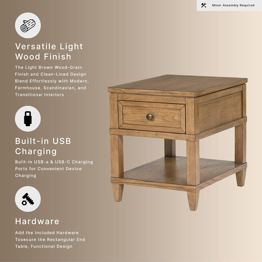 Signature Design by Ashley Sharlance End Table with Drawer, Built-in USB-A & USB-C Charging Ports, Hardwood and Hickory Veneer Side Table for Living Rooms, Light Brown, 20'' W x 26'' D x 24'' H