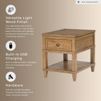 Signature Design by Ashley Sharlance End Table with Drawer, Built-in USB-A & USB-C Charging Ports, Hardwood and Hickory Veneer Side Table for Living Rooms, Light Brown, 20'' W x 26'' D x 24'' H