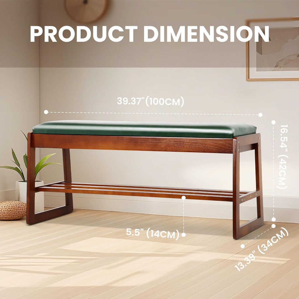 FAHKNS Shoe Bench with Leather Cushion 2 Tiers Shoe Rack 39.4" Rubberwood Shoe Organizer for Hallway, Living Room, Bedroom, Closet