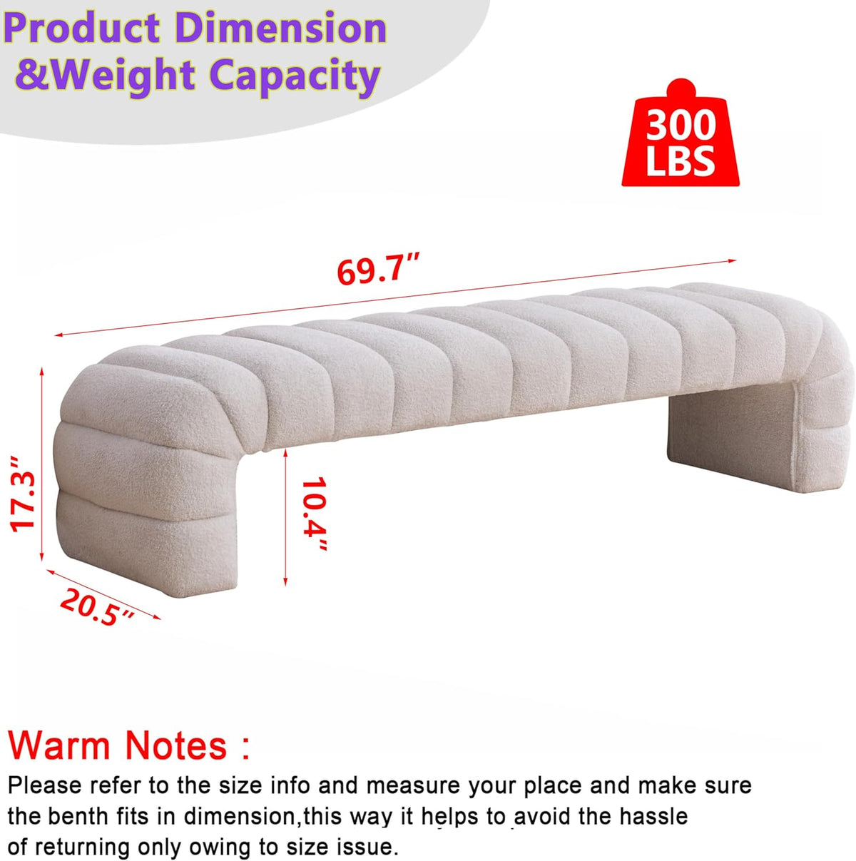 Arched Ottoman Bench for Bedroom Living Room,69.7" Chenille Long Benches for Bed End King Size,Modern Channel Tufted Seating Bench for Entryway,Window,Bedside (Ivory, 69.7")