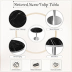 31.5" Tulip Table, Small Round Dining Table with 1.2" Thick Sintered Stone Tabletop and Silver Metal Pedestal Base, Bistro Table for Diner, Restaurant, Café, Bakery, Apartment (Marble Black Silver)