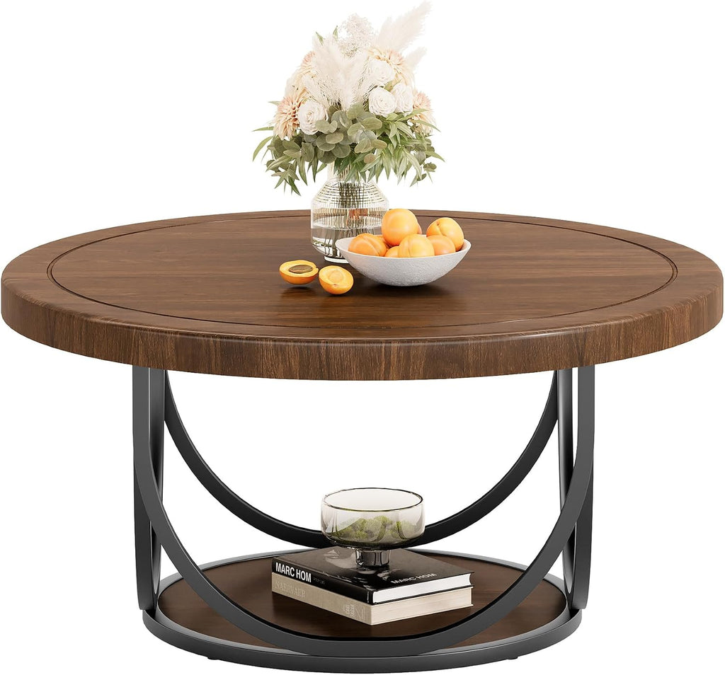 Tribesigns Round Coffee Table with 2 Tiers, 31.5" Wooden Circle Accent Cocktail Table with Storage Shelf and Metal Frame, Industrial Center Tables for Living Room, Brown & Black