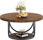 Tribesigns Round Coffee Table with 2 Tiers, 31.5" Wooden Circle Accent Cocktail Table with Storage Shelf and Metal Frame, Industrial Center Tables for Living Room, Brown & Black