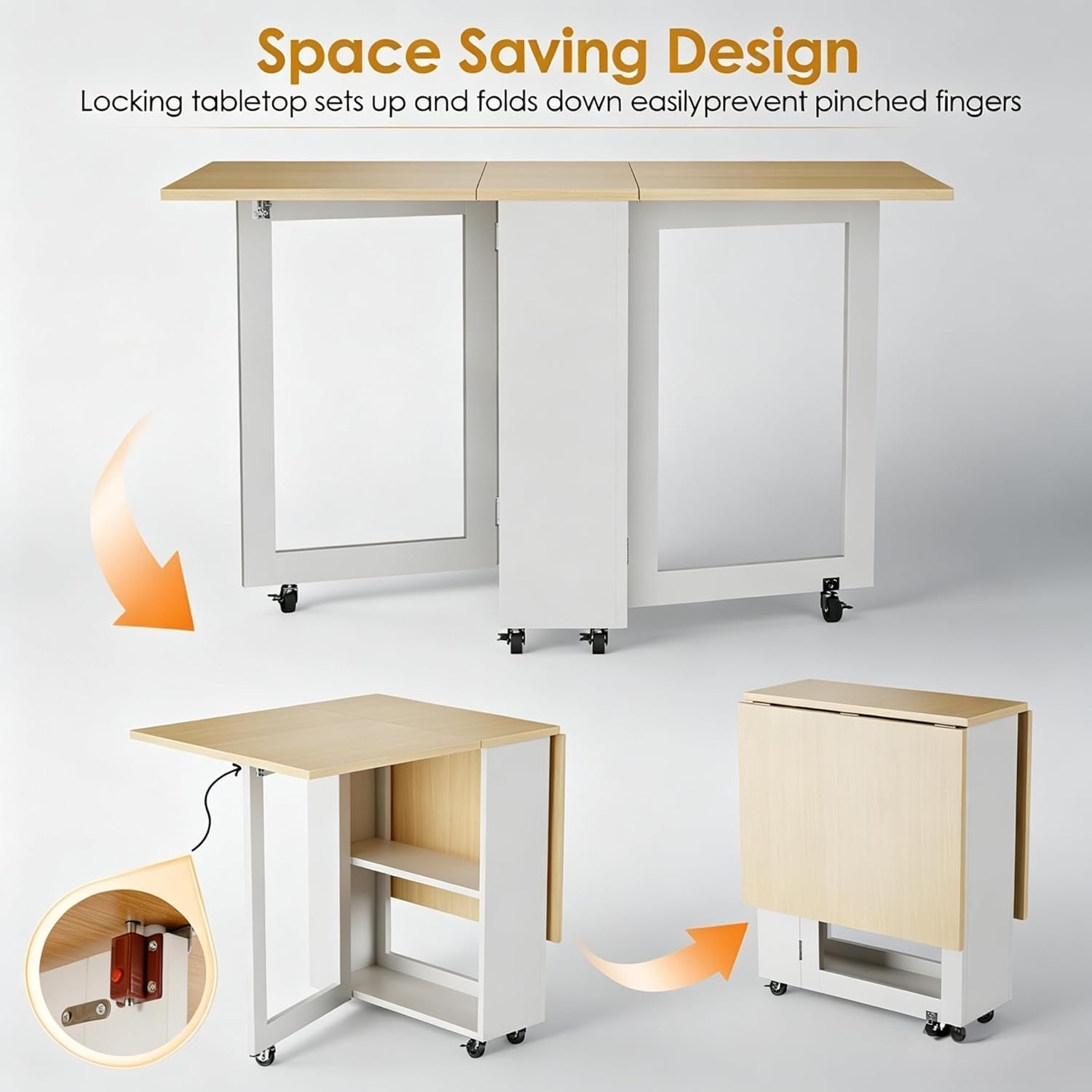 LotFun Portable Folding Dining Table, Space Saving Kitchen Table with 6 Lockable Casters & 2‑Tier Storage Rack, Multifunctional Table for Compact Spaces (48.6 x 24.6X 30.6)