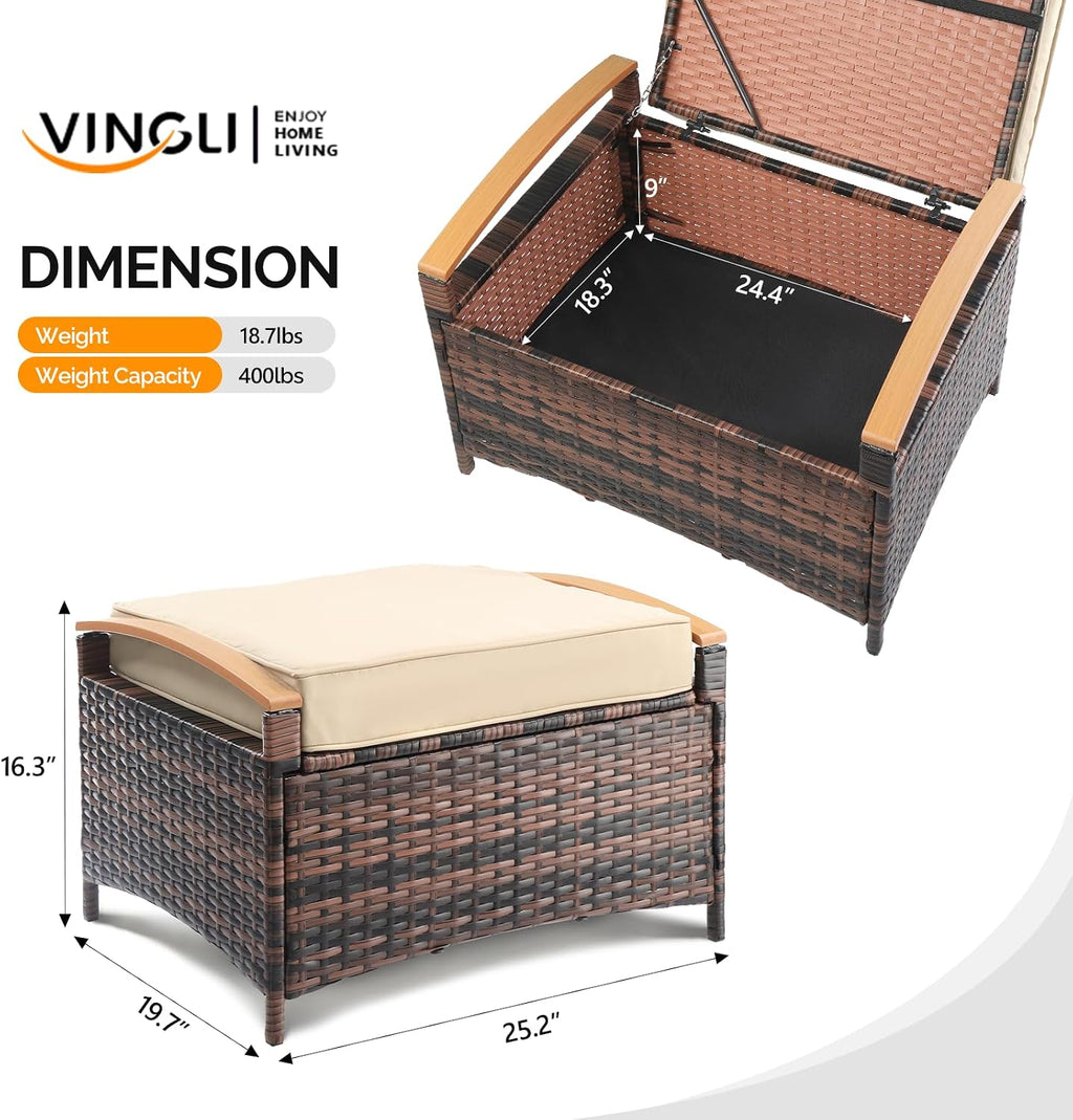 VINGLI 2 Pieces Rattan Ottoman with Storage, Wicker Patio Furniture w/Removable Cushion, Multipurpose Footrest Stool for Outdoor (Brown)
