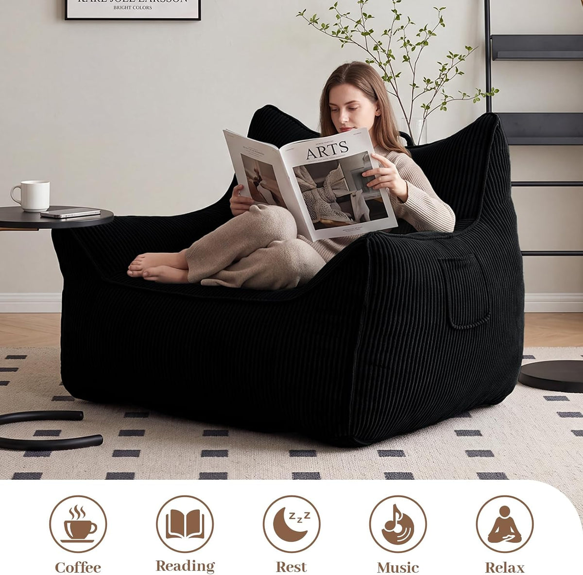 Vipbear Bean Bag Chair for Adults, Chair with Memory Foam | 35.5" Corduroy Beanbag Washable, Cozy Fluffy Chair with Pocket & Handle, Ergonomic Bedroom Sofa Chair for Gaming, Reading