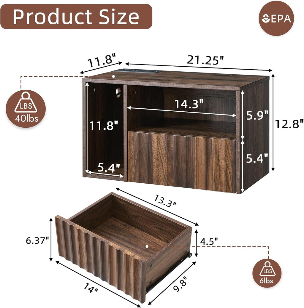 BuildHom Floating Nightstand Set of 2 with Charging Station, Walnut | Wall Mounted Side End Table with Drawer, Modern Fluted Design, 21 inch Larger Storage Night Stand with Outlet for Bedroom