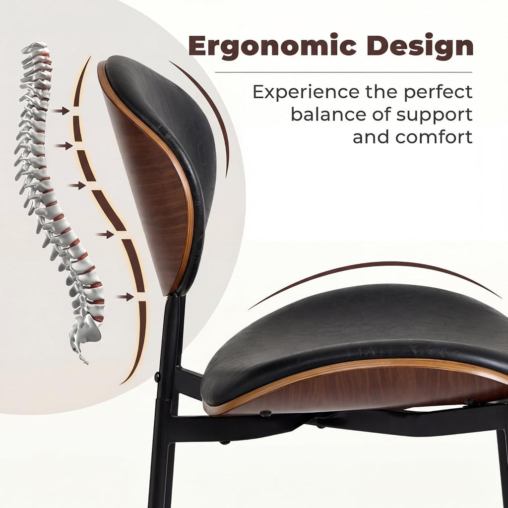 BedsPick Mid-Century Modern Dining Chairs Set of 2, PU Leather Upholstered Dining Room Chairs with Walnut Grain Back, Bentwood Kitchen Chairs with Adjustable Feetpads for Dining Room, Kitchen, Black